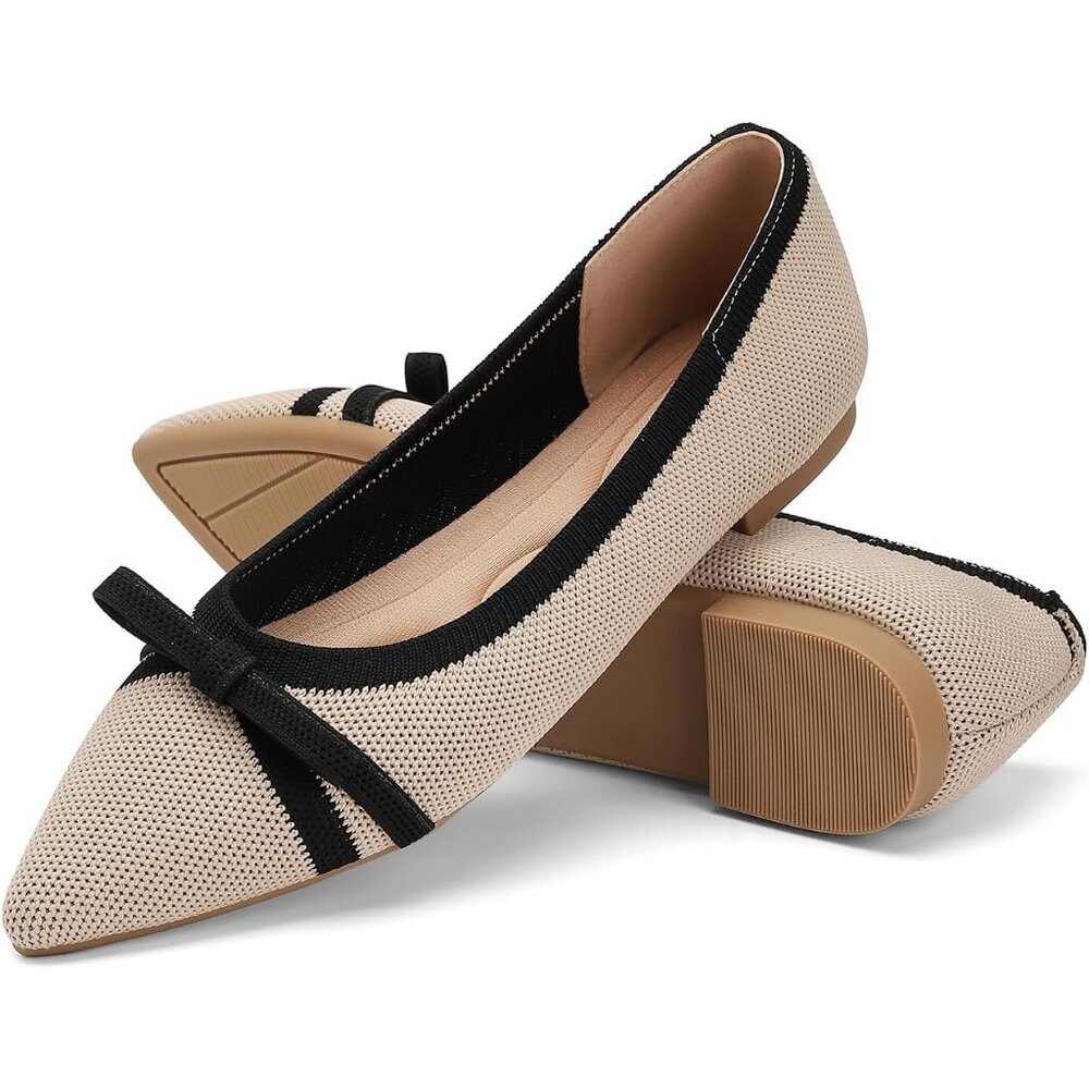 Women's Beige Black Pointed Toe Knit Foldable Ballet Comfortable Slip On Shoes - Picture 2 of 5
